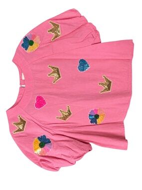 Main Strip Pink Top with Sequin Crowns, Hearts & Flowers